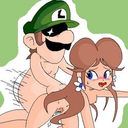 1boy 1girls artist_request blush breasts brown_hair cartoony color cum facial_hair female hat human luigi luigi's_hammer_toss male mario_(series) mustache nintendo nude princess_daisy pubic_hair sex straight straight_hair super_mario_bros. super_mario_land tagme vulva