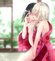 2girls absurdres blurry blush breasts closed_eyes commentary_request depth_of_field fate/kaleid_liner_prisma_illya fate_(series) female female_only floral_print hand_on_another's_face highres illyasviel_von_einzbern japanese_clothes kimono kissing long_hair miyu_edelfelt mono_kuro_(sblack0013) multiple_girls navel nude open_clothes open_kimono shiny shiny_hair shiny_skin short_hair small_breasts white_hair yuri