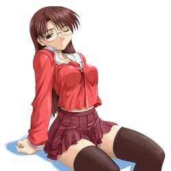 1girls azumanga_daiou breasts brown_eyes brown_hair clothing female female_only glasses human human_only impossible_clothes impossible_clothing impossible_shirt koyomi_mizuhara long_hair midriff pleated_skirt pointy_chin school_uniform seifuku serafuku shirt skirt solo stockings thighhighs umekichi white_background wink zettai_ryouiki