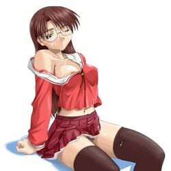 1girls after_sex azumanga_daiou clothing cum female female_only glasses human koyomi_mizuhara medium_breasts no_panties pubic_hair skirt solo stockings tagme umekichi white_background