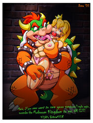 1boy 1girls 2005 blonde_hair blue_eyes bondage bowser breasts drew_gardner english_text female gag gagged human koopa male mario_(series) nintendo nipples princess_peach straight straight_hair text villain_on_heroine white_background