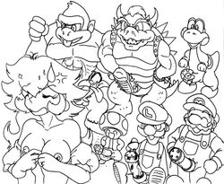 1girls 6+boys 6boys bowser breasts clothing donkey_kong donkey_kong_(series) empty_(artist) female fur group human imminent_gangbang imminent_sex interspecies kong koopa luigi male mammal mario mario_(series) monochrome multiple_boys multiple_males nintendo nude penis primate princess_peach sitting sketch standing straight_hair super_mario_bros. tagme toad_(mario) yoshi