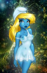 2007 alternate_breast_size blonde_hair blue_eyes blue_hair enigmawing female female_only hair long_hair see-through smurf smurfette solo the_smurfs