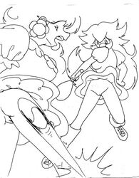 2girls ass bottomless brooch dress earrings empty_(artist) female female_only half_nude human kneehighs long_hair loose_socks mario_(series) mario_tennis multiple_females nintendo open_mouth princess_daisy princess_peach pussy shoes sketch skirt_up socks straight_hair tagme tennis_ball tennis_racket tennis_uniform thighs white_socks