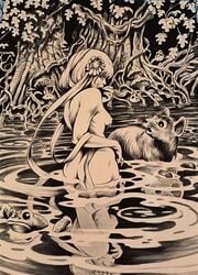 alice_in_wonderland alice_liddell blonde_hair casual casual_nudity completely_nude female frank_brunner frog human medium_breasts monochrome mouse nipples nude outdoors outside pale_skin public_domain ribbon sepia trees water