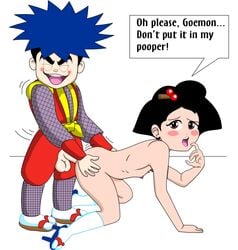 anal anal_sex balls black_hair blue_hair doggy_style flat_chest ganbare_goemon goemon multicolored_hair ninja nipples omitsu penis sandals sex