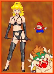 bleeding blood bowser breasts color dominatrix extremeexe female female_focus hair human interspecies koopa male mario mario_(series) multiple_males nintendo nipples nosebleed princess_peach standing straight_hair tagme yellow_hair