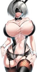 1girls 2022 android android_girl areolae beauty_mark belly_button blindfold bowtie breasts bunny_ears bunny_girl bunnysuit detached_collar detached_cuffs erect_nipples female female_only garter_belt garter_straps hi_res hips huge_breasts kaoru1307 large_areolae leotard mole_under_mouth nier:_automata nier_(series) nipples see-through see-through_clothing short_hair simple_background slim_waist square_enix thick_thighs thighhighs thighs transparent_bunnysuit white_background white_hair wide_hips yorha_2b