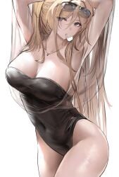 armpits arms_behind_head arms_up azur_lane bare_shoulders bismarck_(azur_lane) bismarck_zwei_(azur_lane) bismarck_zwei_(crystal-clear_holiday)_(azur_lane) black_dress black_one-piece_swimsuit blonde_hair blue_eyes breasts casual_one-piece_swimsuit cg cleavage collarbone covered_navel cowboy_shot dress eyewear_on_head female hair_tie_in_mouth highleg highleg_swimsuit jewelry large_breasts liaowen long_hair looking_at_viewer mouth_hold necklace official_alternate_costume official_art one-piece_swimsuit ponytail see-through shawl simple_background solo strapless strapless_one-piece_swimsuit sunglasses swimsuit thighs tying_hair very_long_hair white_background