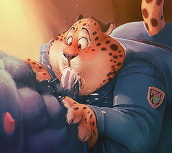 abs benjamin_clawhauser blazingcheecks blush bovine buffalo cheetah chief_bogo clothing cum cum_in_mouth cum_inside disney duo feline male male_only mammal nipples oral penis police slightly_chubby superchub yaoi zootopia