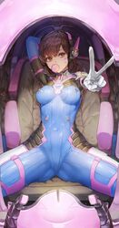 1girls arm_behind_head bangs bodysuit breasts brown_eyes brown_hair d.va female headset long_hair meka overwatch sitting skin_tight solo spread_legs v whisker_markings white_gloves