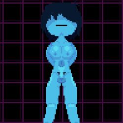2d arms_behind_back balls blue_balls blue_body blue_breasts blue_hair blue_nipples blue_penis blue_skin breasts deltarune fanart futa_only futanari hair_over_eyes intersex kris_(deltarune) large_breasts looking_down medium_breasts medium_hair neutral_expression nonbinary penis pezdispenser pixel_art pubic_hair simple_background thick_thighs