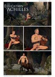 2016 2boys 3d abs achilles anatomically_correct anthro balls biceps brown_fur brown_hair centaur chest_hair chiron comic digital_art edit flaccid forest fur furry harp male male_only mammal multiple_boys muscles muscular nipples nude outdoors penis priapus_of_milet singing size_difference stallion taur testicles the_education_of_achilles toned uncut yaoi