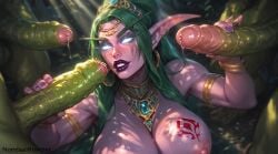 1girls ai_generated big_penis branding_mark elf elf_female female foreskin green_hair handjob horde_domination horde_symbol interspecies male multiple_boys multiple_males multiple_penises night_elf nomisai orc orc_(warcraft) orc_male orced orcs penis precum tyrande_whisperwind uncircumcised world_of_warcraft