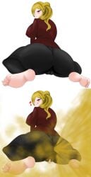 alternate_version_available ass_bigger_than_torso big_breasts blonde_hair blush breasts_bigger_than_head enjoying_farting fart fart_cloud fart_fetish farting female female_masturbation fingering fingering_self foot_fetish heart-shaped_pupils jeans looking_at_viewer looking_pleasured masturbation navi02 red_eyes simple_background smile thick_ass thick_thighs tongue tongue_out wide_hips