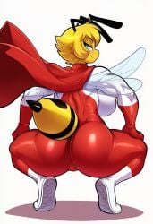 2025 absurd_res ai_generated anthro ass bee big_breasts big_butt blonde_hair blue_eyes bodysuit breasts cape clothing costume crouching female footwear hair hand_on_leg hand_on_thigh hellsonger hi_res hymenopteran looking_at_viewer looking_back non-mammal_breasts omni_man_(cosplay) rear_view shoes simple_background skinsuit smile solo thick_thighs tight_clothing white_background wings
