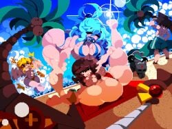3girls alternate_version_available aqua_(konosuba) artist_name ass big_ass big_breasts blonde_hair blue_clothing blue_eyes blue_hair blush breast_size_difference breasts brown_hair bubble_butt cleavage closed_eyes color commission crowd curvy curvy_female darkness_(konosuba) female female_focus hi_res huge_ass huge_breasts human kono_subarashii_sekai_ni_shukufuku_wo! laying light-skinned_female light_skin looking_back looking_back_at_viewer megumin orange_clothing pixel_art pose red_clothing red_eyes shortstack tamaco thick_thighs thighs tied_hair trio wide_hips yellow_hair satou_kazuma bikini beach
