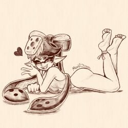 1girls ass callie_(splatoon) female inkling laying_on_stomach looking_at_viewer marodraws nintendo one-piece_swimsuit pose splatoon splatoon_(series) squid_sisters swimsuit twitter_link wink winking_at_viewer