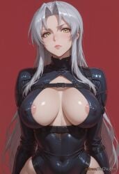 2025 ai_generated areola_slip bangs blush breasts closed_mouth covered_navel covered_nipples female female female_focus grey_hair kiba_mikoto large_breasts leotard lips long_hair long_sleeves looking_at_viewer nsfw parted_bangs red_background rognezart shiny shiny_clothes shiny_skin simple_background skin_tight solo triage_x upper_body yellow_eyes