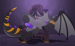 anthro balls belly big_belly chair dragon furniture genitals grey_body hi_res knot knotted_penis male muscular muscular_anthro muscular_male mythological_creature mythological_scalie mythology nipples nude_anthro nude_male pecs penis pregnant pregnant_anthro pregnant_male purple_background relaxing scalie simple_background sinisterheaven sitting solo throne wings