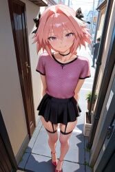 ai_generated astolfo_(fate) astolfo_(fate/apocrypha) choker clothed doorway femboy fishnet_clothing fishnet_legwear fishnets high_heels pink_hair pink_high_heels sissy stable_diffusion trans trap