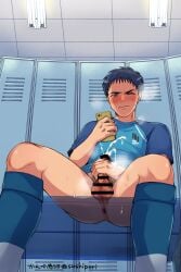 1boy anus anus_peek ass_visible_through_thighs balls bench big_balls black_hair blue_eyes blush bottomless ceiling ceiling_light cellphone censor_bar censored censored_balls censored_penis cum cum_drip cum_explosion cum_on_penis cum_splatter cum_string cum_trail ejaculation erection foreskin foreskin_folds frenulum gay hi_res holding_object holding_penis holding_phone intense_orgasm jerking kanbe_chuji_(sushipuri) legs_apart locker locker_room looking_at_phone low-angle_view male male_only masturbation mature_male one_eye_closed orgasm penis perineum pointless_censoring pubic_hair resisting retracted_foreskin see-through seiji_fujishiro semen short_hair sitting sitting_on_bench smartphone soccer_jersey soccer_uniform socks solo spread_legs steam steaming_body steamy_breath sweat sweatdrop sweating sweaty sweaty_butt thick_cum translucent uncircumcised uncut wanking watching_porn whistle! wince yaoi young