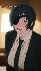 after_fellatio ai_generated black_hair black_jacket black_necktie black_suit blue_eyes blush breasts chainsaw_man collared_shirt cum cum_in_mouth cum_on_tongue cumdrip dress_shirt eyepatch facial female formal green_eyes himeno_(chainsaw_man) indoors jacket large_breasts looking_at_viewer meitabuu necktie one_eye_covered open_mouth shirt short_hair smile solo suit suit_jacket tongue tongue_out upper_body white_shirt wing_collar