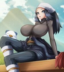 1girls akari_(pokemon) bandana black_bodysuit bodysuit bodysuit_under_clothes breasts fenrox gen_5_pokemon highres large_breasts nintendo oshawott pokemon pokemon_(creature) pokemon_legends:_arceus ponytail shirt skin_tight sweat tight_clothes tight_shirt