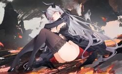admiral_zenker_(azur_lane) ass azur_lane black_bra black_dress black_footwear black_horns black_thighhighs blush breasts cleavage cross_earrings demon_horns dress earrings female full_body grey_eyes grey_hair high_heels horns jewelry knees_up lace lace_trim large_breasts legs long_hair long_sleeves looking_at_viewer multicolored_hair red_eyes red_hair shoes sitting solo streaked_hair thighhighs thighs two_side_up underwear very_long_hair white_hair yellow_eyes