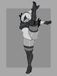 black_boots blindfold bob_cut boob_window boots breasts cleavage cleavage_cutout cleavage_window clothed gloves gt_animates hair_band hairband high_heel_boots holding_leg leg_in_air leg_lift leg_up leotard nier nier:_automata nier_(series) thick_thighs thigh_boots thigh_high_boots thigh_highs thighhigh_boots thighhighs thighs yorha_2b