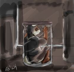 2024 anthro ass blue_eyes bodily_fluids brown_body brown_fur cabinet canid canine colored container crying feet fur hi_res in_container in_jar jeri_kleinlowe male mammal micro nude nude_anthro nude_male rear_view signature sitting solo tail tears tears_of_sadness text trapped white_body white_fur