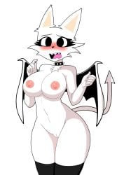 anthro areola bat black_eyes bodrita chest_tuft choker collar digital_drawing_(artwork) digital_media_(artwork) embarrassed erect_nipples eyebrows eyelashes female genitals hi_res jewelry looking_at_viewer mammal membrane_(anatomy) membranous_wings navel necklace nipples nude nude_anthro nude_female pose pussy sharp_teeth simple_background solo spade_tail spiked_collar spikes tail teeth thick_thighs tuft vulva white_body wings