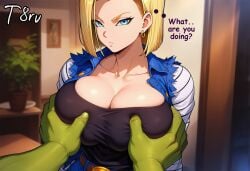 ai_generated android_18 blonde_female blonde_hair blue_eyes breasts clothed clothing dragon_ball dragon_ball_super dragon_ball_z grabbing grabbing_breasts pov t8r
