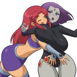 2girls ass big_breasts black_leotard boots breasts cartoon_network choker clothed clothed_female color colored dc dc_comics demon_girl female female_only footwear forehead_jewel grey_skin handwear leotard manyakis non-nude purple_eyes purple_hair rachel_roth raven_(dc) short_purple_hair starfire superheroine tagme teen_titans transparent_background