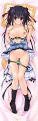 1girl :d \r\n absurdres bed bed_sheet black_bow black_hair black_socks blue_dress blush bow bow_panties bra bra_pull breasts breasts_out clochette clothes_pull collarbone dakimakura dakimakura_(medium) dress eyebrows frilled_dress frilled_pillow frills full_body gluteal_fold green_bra green_panties groin hair_between_eyes hair_bow hair_ribbon hand_on_own_chest head_tilt highres huge_filesize kneehighs koko_kara_natsu_no_innocence! kumari_kotobuki large_breasts long_hair long_image looking_at_viewer looking_up lying nipples no_shoes off_shoulder on_back on_bed open_clothes open_dress open_mouth panties panty_pull parted_lips pillow pussy pussy_juice red_bow red_eyes ribbon sesena_yau shirt shirt_removed short_sleeves smile socks solo strap_slip sweatdrop tall_image tareme thigh_gap unbuttoned uncensored underwear white_shirt