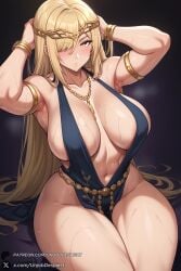 1female 1girls 2025 ai_generated armlet armpits arms_up artist_name bangs bare_shoulders big_ass big_breasts black_dress blonde_hair blush bracelet breasts circlet cleavage collarbone curvy dress elden_ring female hair_over_one_eye hi_res high_quality high_resolution highres huge_ass huge_breasts jewelry large_breasts long_hair looking_at_viewer muscular muscular_female navel necklace patreon patreon_username queen_marika_the_eternal sitting solo sweat thick_thighs thighs unjobdespiert very_long_hair watermark yellow_eyes