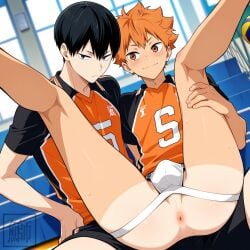 2boys 2male ai_generated anus ass asshole black_eyes black_hair bulge dark_hair gay haikyuu!! indoor indoors jockstrap jockstrap_bulge male male_only orange_eyes orange_hair shoyo_hinata sweat tagme tobio_kageyama yaoi