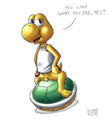 1boy 2015 anthro balls barefoot bottomless clothed clothing erection koopa koopa_troopa male male_only mammal mario_(series) nintendo nude penis reptile scalie shell shell-less shirt sl350 solo turtle video_games