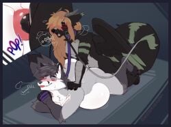 anal anal_sex anthro anthro_on_anthro anthro_penetrated anthro_penetrating anthro_penetrating_anthro anus belly big_belly blep blush bodily_fluids canid canine closed_eyes collar cum cum_inside duo fox from_behind_position genital_fluids genitals green_background humanoid_genitalia humanoid_penis inflation inflation knot knotted_penis knotting leash leashed_collar lying male male/male male_penetrated male_penetrating male_penetrating_male mammal nude_anthro nude_male on_front penetration penile penile_penetration penis penis_in_ass sex simple_background sinisterheaven tongue tongue_out wings