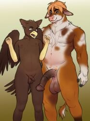 animal_genitalia animal_penis anthro ark_warrior avian ball_size_difference balls big_balls big_penis bovid bovine cattle chest_tuft comparing comparing_penis duo equine_genitalia equine_penis foreskin genitals gryphon half-erect hi_res larger_anthro larger_male male male/male mammal muscular muscular_anthro muscular_male mythological_avian mythological_creature mythology nude nude_anthro nude_male penis penis_size_difference size_difference small_penis smaller_anthro smaller_male smile standing surprised_expression tuft vis_(bob0424)