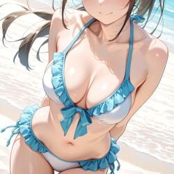 2025 ai_generated beach_background belly brown_hair_female closed_mouth hands_behind_back instagram looking_at_viewer meta mouth_closed smile_at_viewer smiling_at_viewer ten01c tummy unknown_character white_bikini