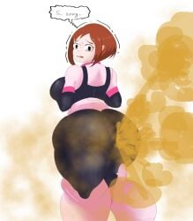 accidental_fart ass_bigger_than_head ass_bigger_than_torso big_breasts boku_no_hero_academia brown_eyes brown_hair bubble_butt embarrassed embarrassed_female english_text fart fart_cloud fart_fetish farting fat_ass huge_ass looking_at_viewer looking_back my_hero_academia navi02 ochako_uraraka ochako_uraraka_(hero_outfit) sideboob simple_background tears thick_thighs trembling