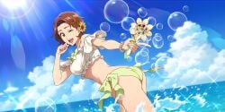 1girls ass beach beaded_bracelet bikini bikini_bottom bikini_top bleach bleach:_the_thousand-year_blood_war bleach_brave_souls blue_sky bow bracelet breasts brown_eyes brown_hair bubble bubble_wand bubbles clouds day female female_focus female_only flower flower_in_hair frilled_bikini ginger ginger_hair green_bikini hair_flower hair_ornament hairclip high_resolution highres holding holding_object jewelry lens_flare light-skinned_female light_rays light_skin looking_at_viewer masaki_kurosaki medium_breasts narrow_waist ocean off_shoulder official_art one_eye_closed open_mouth outdoors ribbon ruffles short_hair side-tie_bikini side-tie_bikini_bottom sky slender_body slender_waist slim_waist small_ass smile solo solo_female solo_focus sparkles splashing summer sun sunflower sunflower_hair_ornament sunlight swimsuit swimwear two-piece_swimsuit wand water water_splash widescreen wink