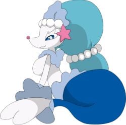 :3 big_breasts big_hair big_tail blue_eyes blue_hair breasts cyan_hair featureless_breasts frilly headdress lemonlime long_hair looking_at_viewer pearls primate pseudo_clothing rear_view smile starfish starfish_(accessory)