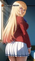 ai_generated ass blazer blonde_hair blue_bow blue_bowtie bow bowtie breasts classroom_of_the_elite cowboy_shot female from_behind ichinose ichinose_honami_(cote) indoors jacket large_breasts long_hair long_sleeves looking_at_viewer looking_back meitabuu parted_lips pleated_skirt purple_eyes red_jacket school_uniform shirt skirt solo standing sunlight thighs white_skirt window