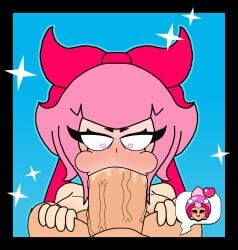 1futa 1girl1futa 1girls big_penis blowjob heart-shaped_pupils heart_eyes janet_(brawl_stars) melodie_(brawl_stars) pink_hair red_ribbon simple_background verdoshonsfw