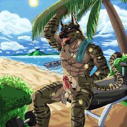 abs balls beach clothing erection feline flexing jewelry loincloth male male_only mamaduo mammal necklace penis piercing seaside stripes sweat tongue tongue_out wet