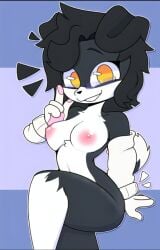 adorable anthro black_body black_hair breasts furry furry_female glasses leg_up looking_at_viewer mandoy1o1 nipples original_character pussy sleeves smiling_at_viewer tail white_belly white_fur