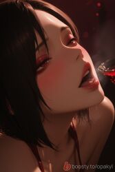 1girls ada_wong ai_generated alcohol bare_shoulders black_hair blush boosty boosty_username cleavage close-up collarbone drinking_glass face_focus female female_focus female_only from_side half-closed_eyes horny horny_female intimate lips lipstick looking_to_the_side love makeup nose opakyl open_mouth passionate red_eyes red_lips resident_evil romantic seductive seductive_eyes seductive_look sensual short_hair solo solo_female solo_focus stable_diffusion tongue uncensored wholesome