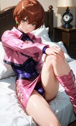ai_generated brown_hair bulge chris_(king_of_fighters) crossdressing crossdressing_male crossplay dickgirl femboy femboy_only feminine_male feminization futanari green_eyes intersex king_of_fighters leotard male miniskirt pencil_skirt pink_jacket pink_outfit saigado saigado_style shermie_(cosplay) shermie_(kof) short_hair snk tomgirl trap twink up_legs